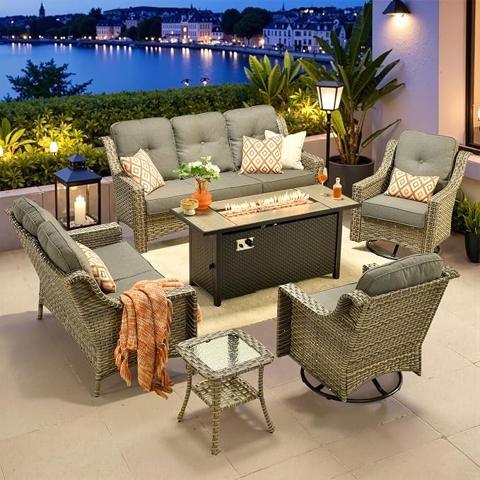 6 PCS Outdoor Patio Furniture Sets,Patio Conversation Sets Outside Rattan Soft Cushion Sofa with 2 Wicker Rocking Chairs & 54 in Fire Pit Table Fit Backyard Porch Garden Poolside Balcony,Dark Grey