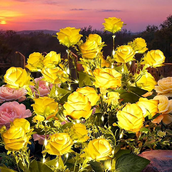 GIGALUMI Solar Lights Outdoor for Garden Decor, 4 Pack Solar Flower Lights Waterproof, 2 Lighting Modes 28 Roses for Pathway,Yard, Patio Decoration, Gardening Gifts for Women (Yellow)