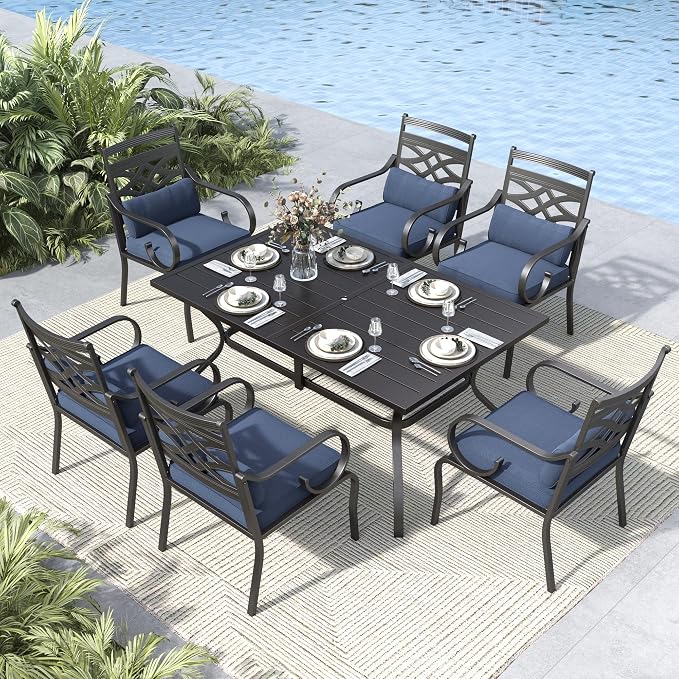 MFSTUDIO 7 PCS, Patio Dining Set, 60"×38", Umbrella Hole, Blue | Steel, Metal, E-coated frame