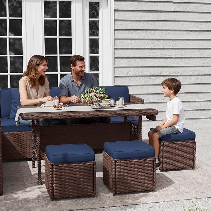 KIGOTY 7 Piece Patio Furniture Set, Outdoor PE Wicker Rattan Outdoor Dining Set, Patio Table and Chairs Set, Patio Conversation Sofa Set with Dining Table and Ottoman(Brown-Navy)