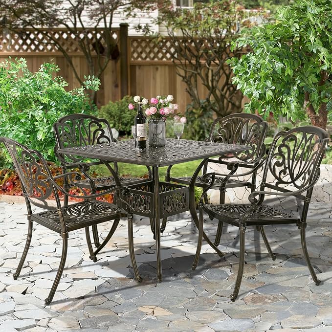 5-Piece Outdoor Patio Dining Set, All-Weather Cast Aluminum Patio Furniture Set for Backyard Garden Deck with 4 Chairs and 35.4” Square Table, 2.2" Umbrella Hole