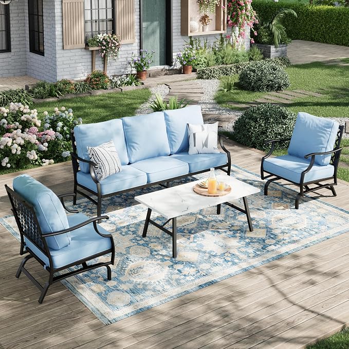 MIXPATIO Patio Furniture Set 4 pcs, Outdoor Patio Furniture, 3-Seat Sofa, 2 Rocking Chairs, Metal Coffee Table and 5.75" Extra Thick Cushion, Patio Conversation Set for Garden Backyard Deck,Blue