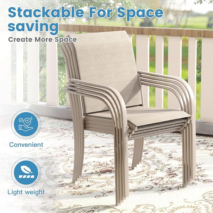 DIFY 7 Pieces Outdoor Patio Dining Set for 6, 50" Round Metal Dining Table and 6 Stackable Textilene Patio Chairs, Outdoor Table and Chairs for Backyard Garden Poolside, Sandshell