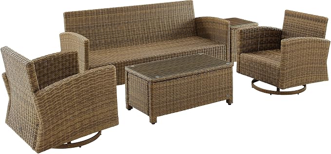 Crosley Furniture Bradenton 5-Piece Wicker Outdoor Sofa and Swivel Rocker Patio Furniture Set for Porch, Brown with Sangria Cushions