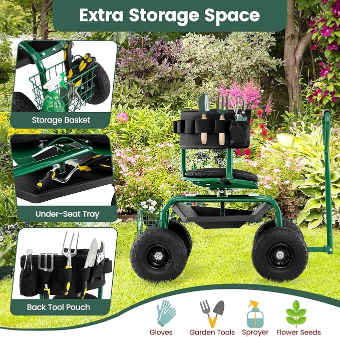 Goplus Garden Seat with Wheels, Rolling Gardening Stool with Adjustable 360° Swivel Seat, Tool Tray & Storage Basket, Extendable Handle, Outdoor Gardening Scooter, Garden Cart Workseat for Seniors