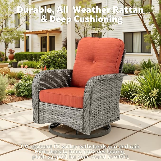 CAODOC Patio Furniture, All Weather Wicker 6 PCS Outdoor Sofa with High Back Swivel Rocker Chairs, Conversation Set with Solar Light Coffee Table,Light Rattan Red Cushion