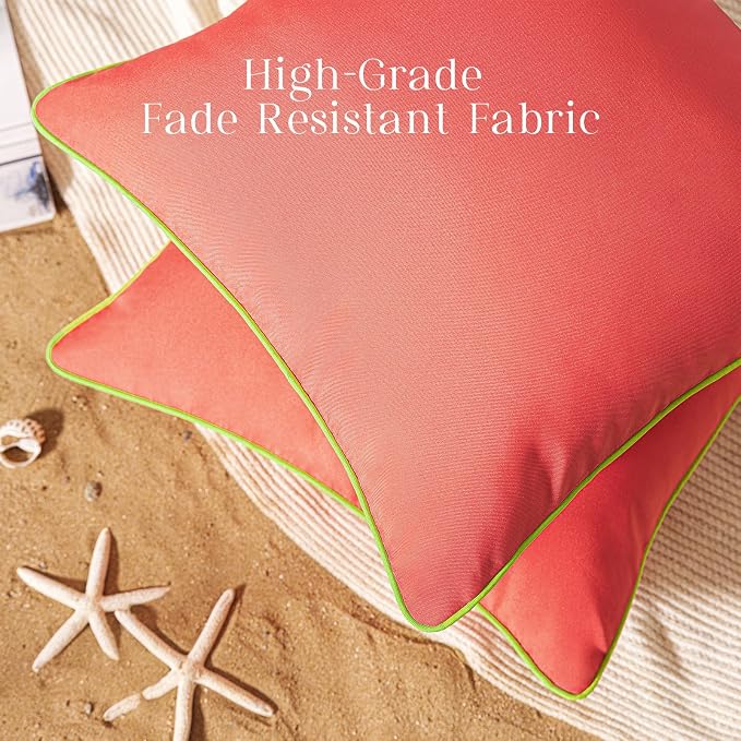 Phantoscope Pack of 2 Outdoor Waterproof Throw Pillow Covers with Contrast Piping, Decorative Square Cushion Case Patio Pillows for Couch Tent, Rose Pink 18x18 inches
