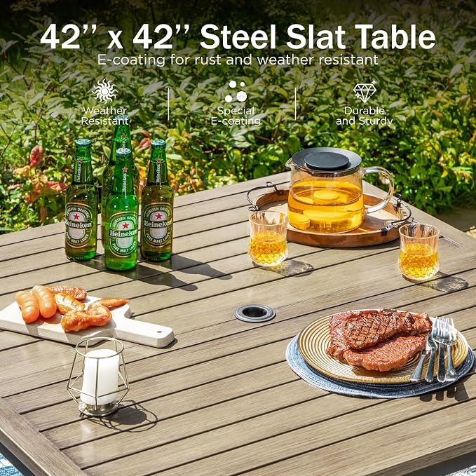 PHI VILLA Patio Dining Set, Square Metal Table | Metal chairs, Beige, Umbrella Hole, Cushions, E-coated