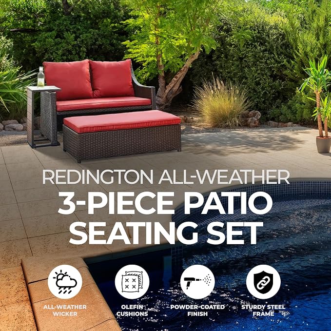 Four Seasons Courtyard Redington All-Weather Chic 3 Piece Outdoor Patio Seating Furniture Set with Cushioned Loveseat, Side Table, and Ottoman, Red