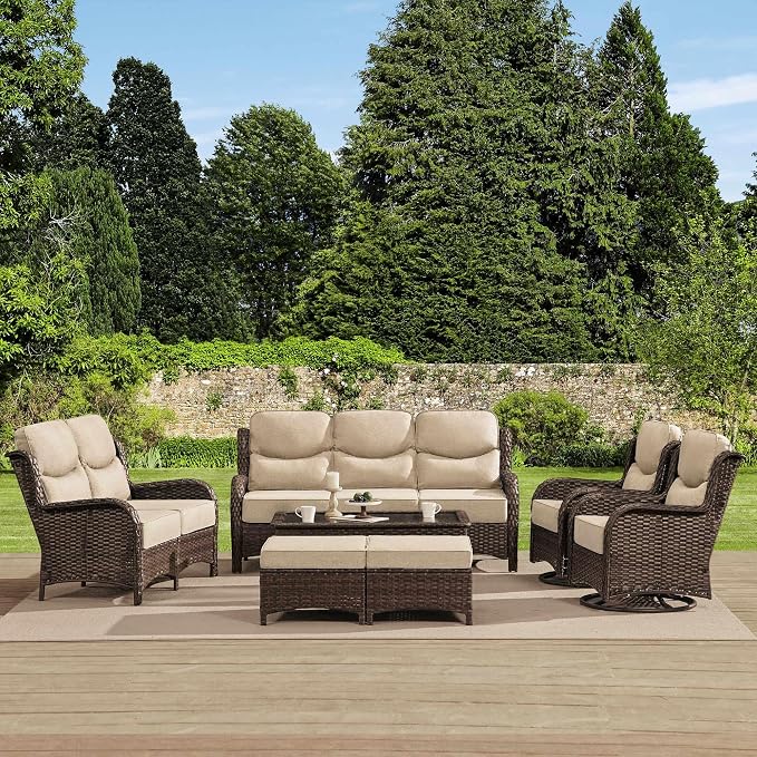 HILLGA Luxury High Back Patio Furniture Set with 6-Inch Thick Cushion, 7-Piece Outdoor Conversation Set with Sofa, Swivel Rocker Chairs & Ottomans, Ideal for Porch Pool Deck Yard (Beige)