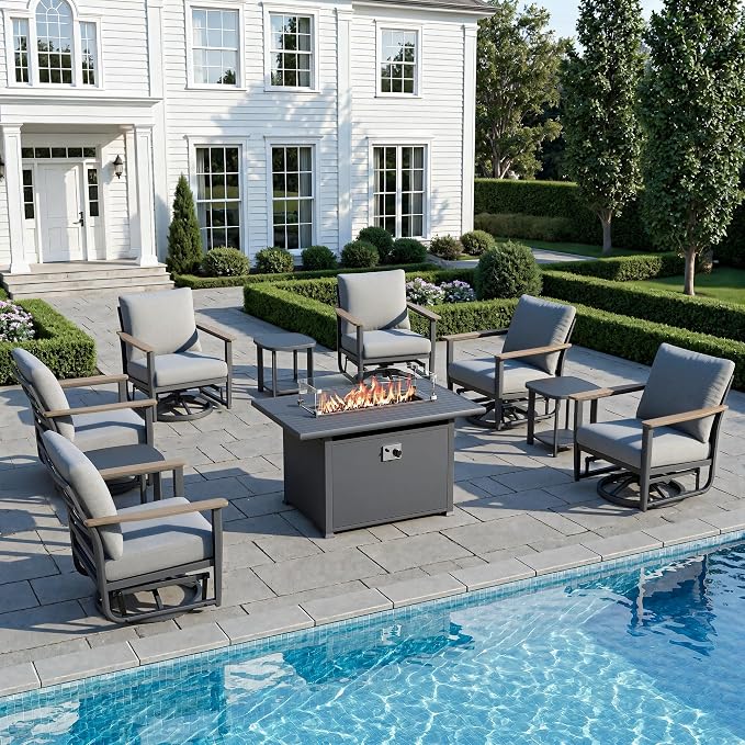 10Pcs Patio Rocking Swivel Chair with 55,000 BTU Fire Pit Table Outdoor Aluminum Bistro Set with Coffee Table, Patio Furniture Set with High Backrest & Thickened Cushions, Grey
