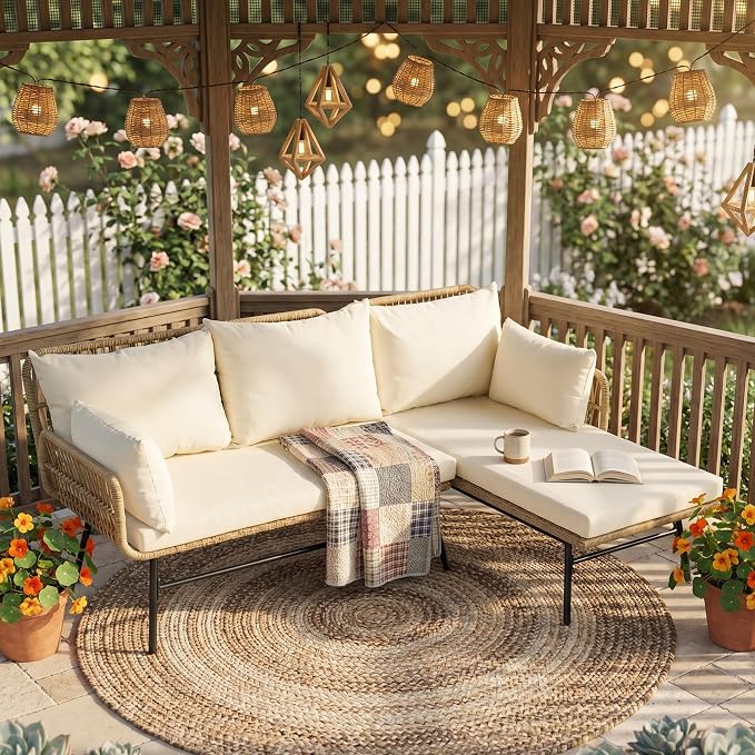 RADIATA 3 Pieces Boho Patio Furniture Set with Comfortable Cushion, Wicker Outdoor Sectional Sofa, L-Shape Lounge Conversation Set for Balcony Porch Backyard Deck, Beige