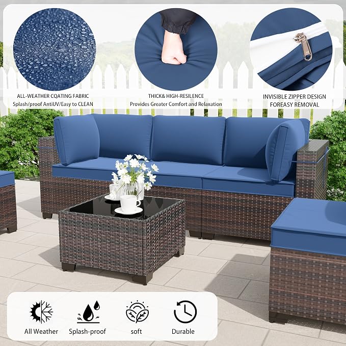 7 Pieces Outdoor Patio Furniture Set,Outdoor Sectional Furniture All Weather PE Rattan Wicker Patio Conversation Set with Coffee Table and 6 Thickened Cushions,Navy Blue