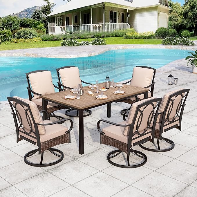 Sophia & William Outdoor Patio Table and Chairs for 6 Outdoor Dining Set with 6 Padded Large Patio Swivel Rocking Chairs, 64" X 38" Rectangular Metal Table for Garden Deck Backyard
