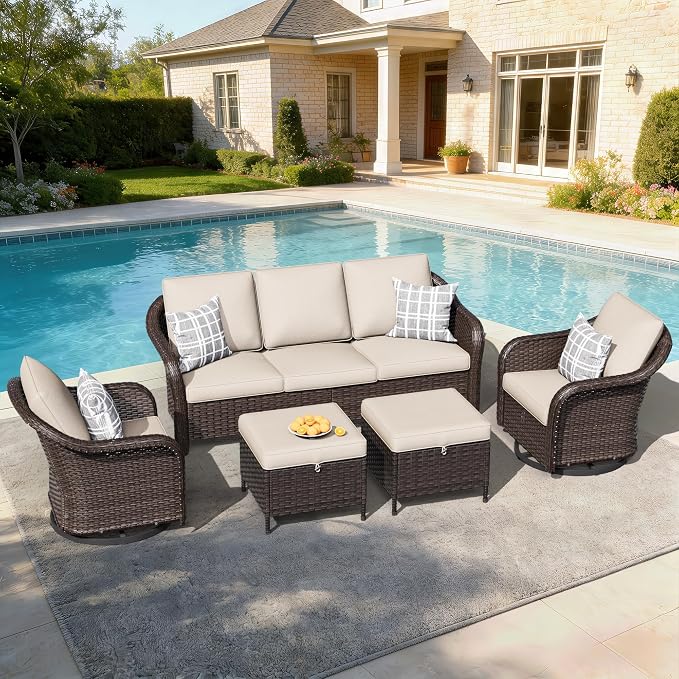 5 PCS Outdoor Conversation Set | 78" Couch, 2 Swivel Chairs, 2 Ottomans, Patio Wicker Conversation Furniture with Removable Cushions for Bistro, Deck, Sunroom (Beige)