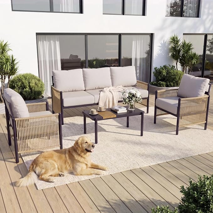 Aluminum Patio Furniture Set, 5 Seats Outdoor Patio Furniture with Coffee Table, Outdoor Wicker Conversation Sets with Cushion for Backyard, Balcony,Porch,Light Grey