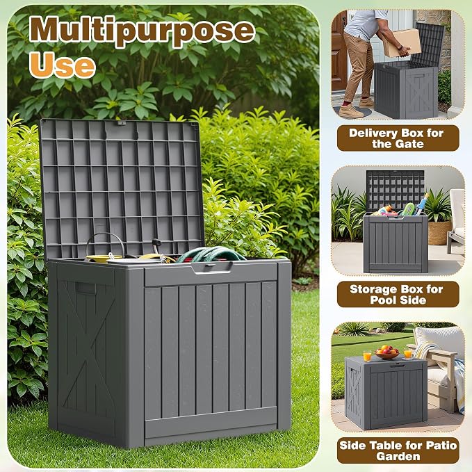 Flamaker Resin Deck Box 40 Gallon Waterproof Outdoor Indoor Storage Box Imitation Wood Resin for Patio Furniture Garden Tools and Pool (Gray)