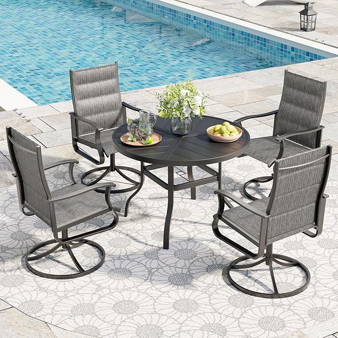 UDPATIO 5 Piece Outdoor Patio Dining Set, Patio Table with Chairs, 39" Round Table with Umbrella Hole & 4 Outdoor Swivel Rocker Dining Chairs, Outdoor Table and Chairs Set for Lawn, Deck, Yard