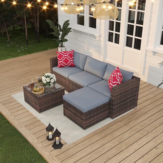 Patio Furniture Sets 5 Pieces, PE Wicker Modern Patio Conversation Set with Storage Cushions for Poolside, Deck, Balcony (Brown/Light Grey)