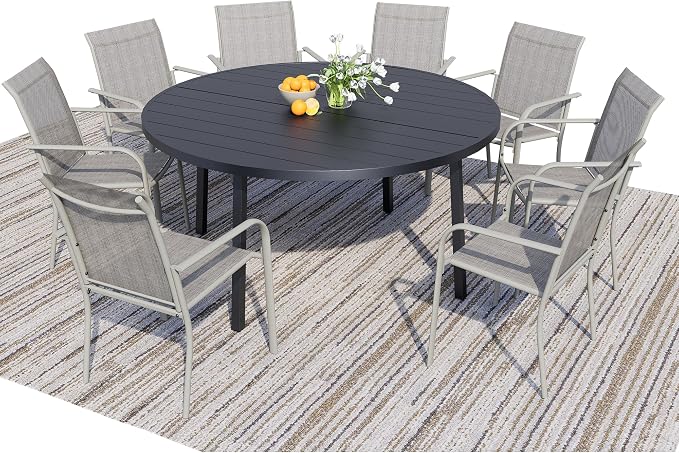 9-Piece Patio Furniture Set, Black Round Patio Table and Grey Chairs Set of 8, Outdoor Dining Set with Umbrella Hole for Garden, Yard, Patio