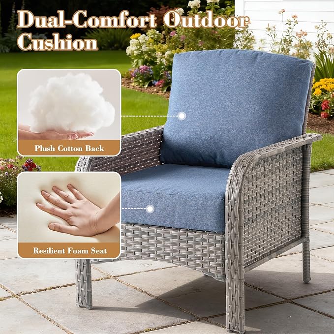 4 Pieces Patio Furniture Set, Small Outdoor Patio Set with Coffee Table, All-Weather Rattan Wicker High Back Conversation Set Loveseat with Chairs for Porch, Backyard, Balcony, Denim Blue