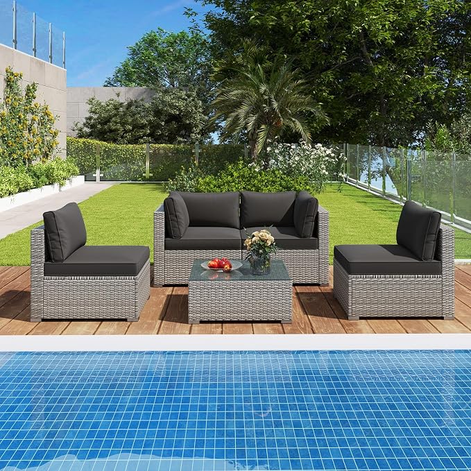 RELAX4LIFE 5-Piece Patio Furniture Set - Wicker Rattan Outdoor Sectional Sofa w/Glass-Top Coffee Table, Soft Seat & Back Cushions, Bistro Conversation Set for Garden Backyard Porch (1, Black)