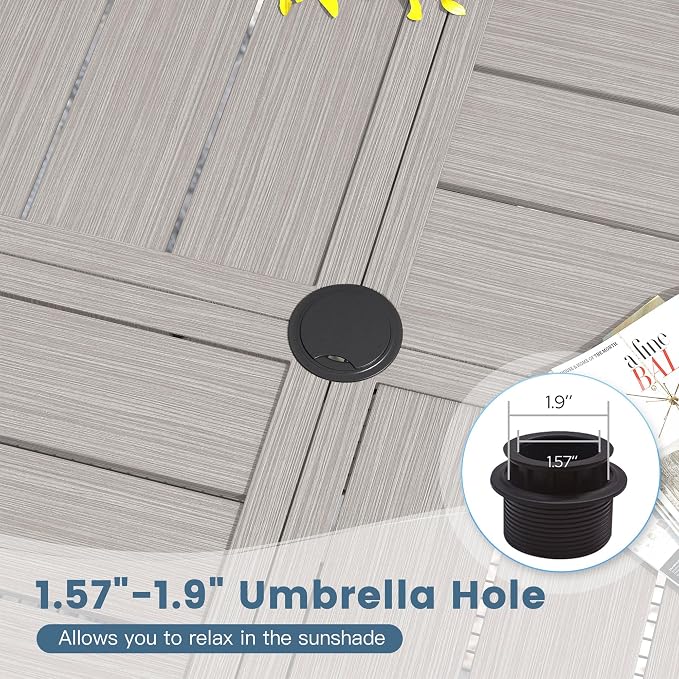 DIFY 5 Pieces Outdoor Dining Set, Metal Patio Table and Chairs Set for 4 with Umbrella Hole, 40.6" Grey Wood-Like Round Table and Sandshell Textilene Swivel Patio Chairs for Garden, Backyard, Poolside