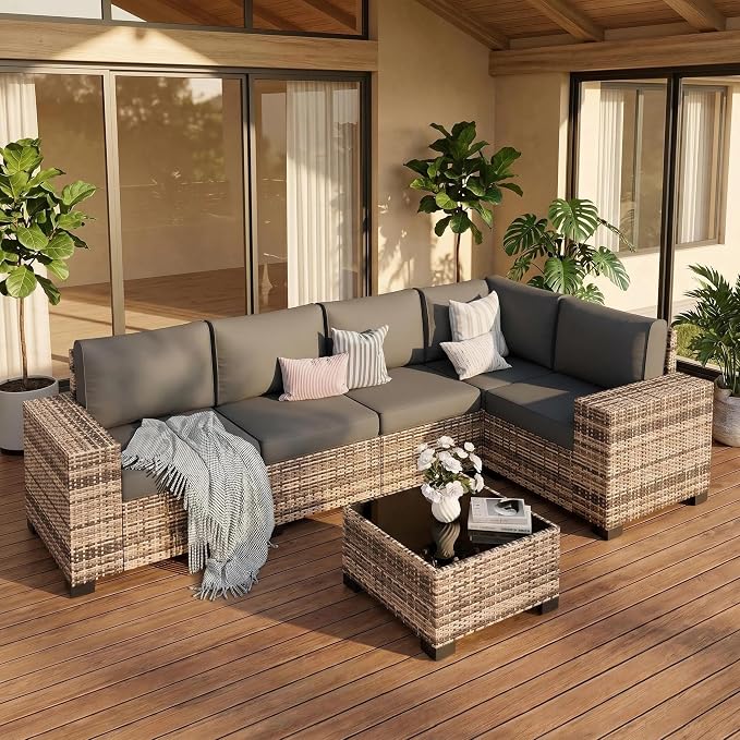 UDPATIO Patio Furniture Set L-Shaped, 8" Width Armrest Sectional Set, Al Weather PE Rattan Conversation Furniture with High Density Cushions and Coffee Table for Outdoor Backyard Porch Grey