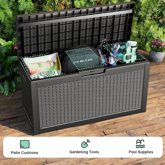 Vixzen 60 Gallon Outdoor Deck Box, Lockable Waterproof Storage Box, Resin Outdoor Storage Bench for Gardening Tools, Pool Supplies (Black, 60 Gallon)