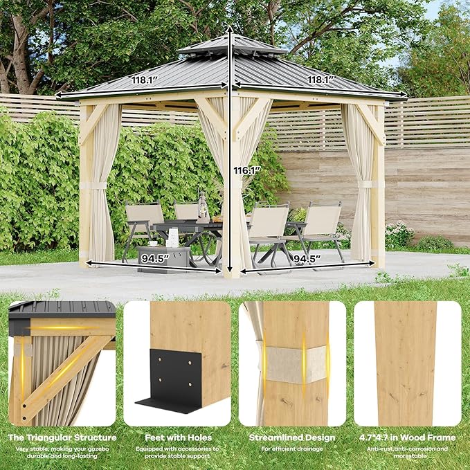 Garvee 10x10 Ft Wood Gazebo, Upgrade Spruce Frame and Double Galvanized Steel Roof, Hardtop Gazebo with Nettings and Curtains for Backyard, Patio, Garden and Lawn, Khaki