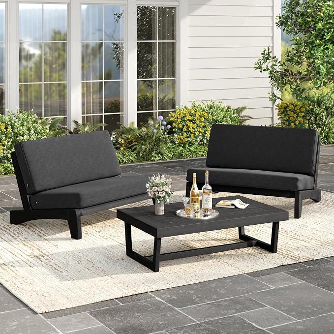 Black Wood Patio Furniture Sets, 3 Pieces All Weather Patio Loveseat Sofa Outdoor Sectional Futniture Backyard Conversation Set with Solid Wooden Coffee Table - Dark Gray