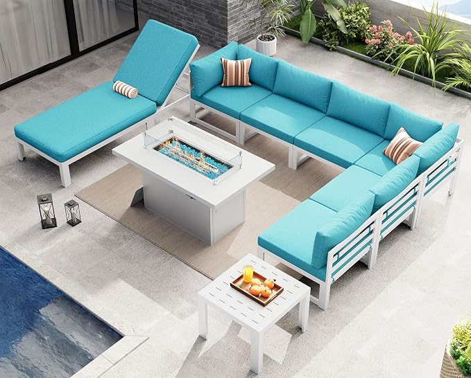NICESOUL Modern Aluminum Patio Furniture Set, 9 Piece Modular Oversized Outdoor Sectional Sofa with Chaise Lounge, 500 lbs Heavy Duty Comfortable Conversation Set for Poolside Garden Deck, Turquoise