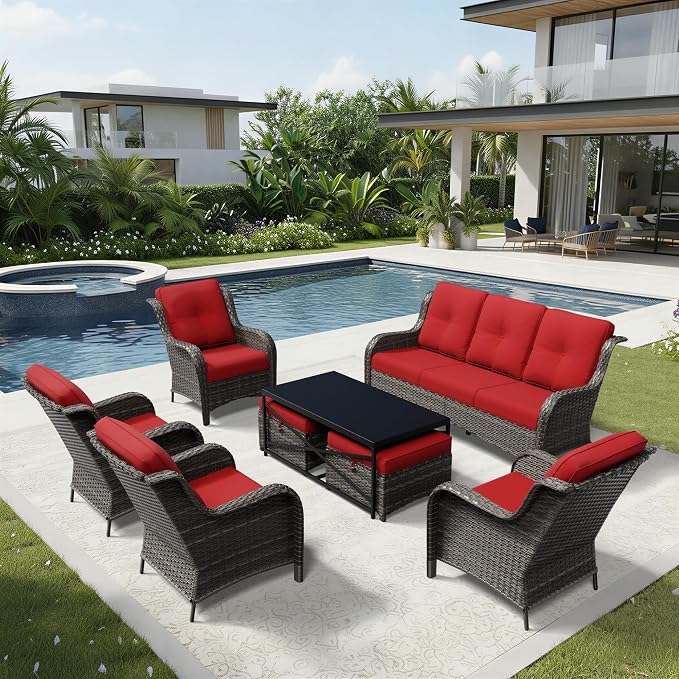 Joyside 8 Piece Wicker Patio Furniture Set, Rattan Patio Chairs with High Back, Deep Seating, Wide Armrest, Thickened Cushions, Outdoor Furniture for Deck, Porch Use