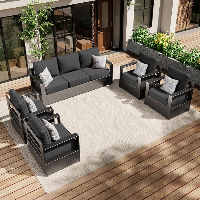 Aluminum Outdoor Conversation Furniture Set - All Weather Patio 79" Sofa with 4 Armchairs, 6" Water-Resistant Cushions & Furniture Covers & Metal Armrest for Deck Porch (Grey)