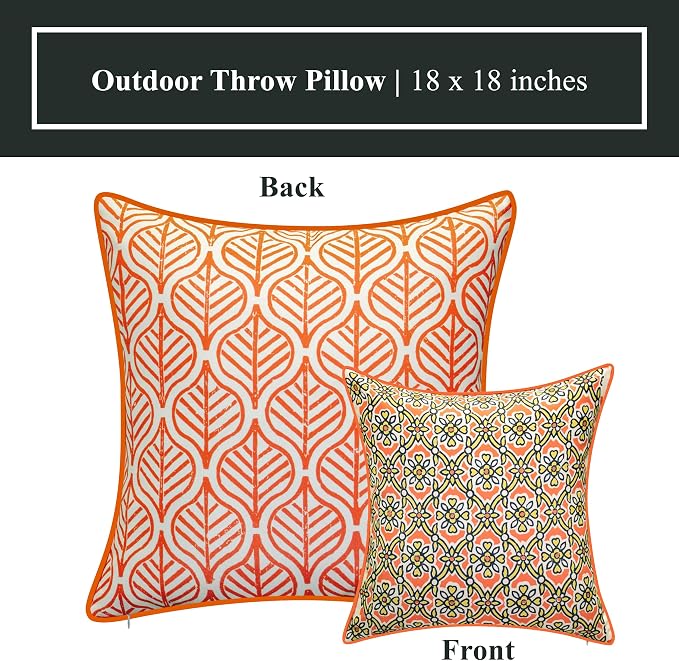 Edie At Home Antique Tile Print Square Decorative Throw Pillow for Patio Furniture, Sofa, Chair, or Bedroom, Reversible, Indoor and Outdoor Collection, 18 x 18 inches, Pumpkin
