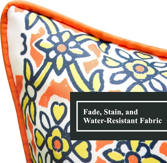 Edie At Home Antique Tile Print Square Decorative Throw Pillow for Patio Furniture, Sofa, Chair, or Bedroom, Reversible, Indoor and Outdoor Collection, 18 x 18 inches, Pumpkin