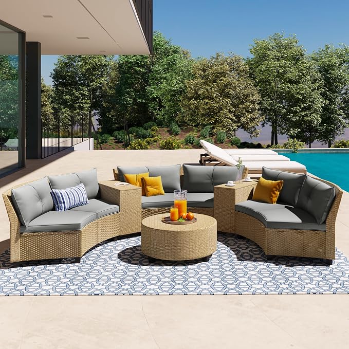 9-Piece Wicker Half Moon Sectional Sofa Set, Patio Conversation Seat Group with Cushions and Coffee Table, Semi-Circle Six-Seater Sofa Constructed, Beige-brown