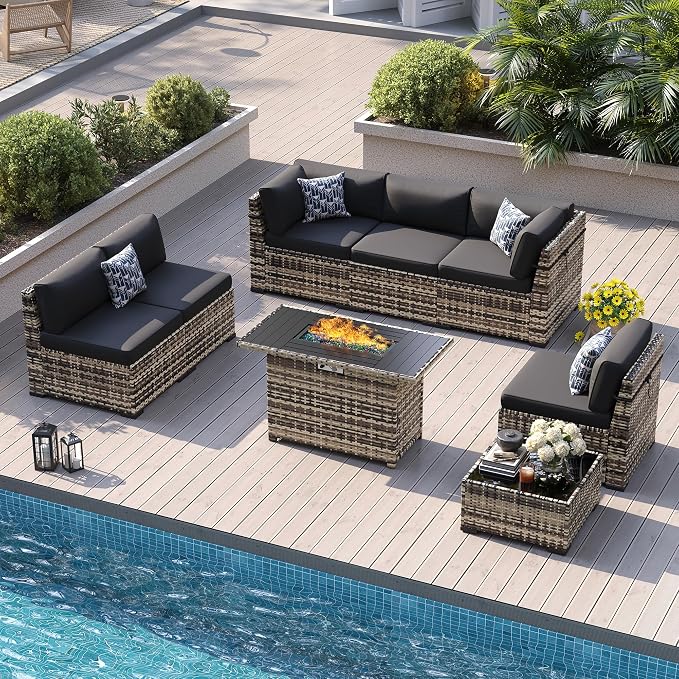 8-Piece Patio Furniture Set with 44” Fire Pit Table - All-Weather Wicker Conversation Sectional Sofa & Coffee Table with Thickened Cushions for Backyard, Garden(Black)