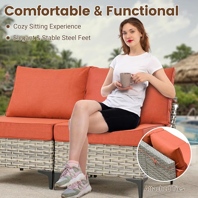 10 Pieces Wicker Patio Furniture Set,Outdoor Sectional Sofa with Swivel Chairs Coffee Table,Outside Deep Seat Rattan Couch Conversation Set,Orange Red