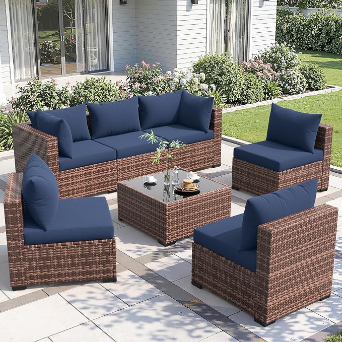 Amopatio Patio Furniture Set, Modular Outdoor Sectional 7 Piece Wicker Patio Set, Multiple Combinations Outdoor Furniture with Glass Coffee Table, Navy Blue