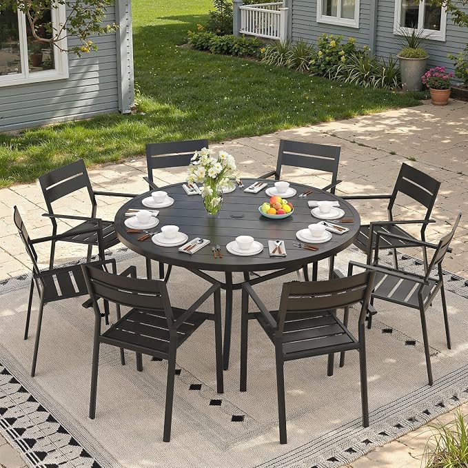 Patio Dining Set for 8, 53" Outdoor Dining Table and Chairs Set with Stackable Patio Chairs Outdoor Furniture for Garden Deck Backyard, Black Table and Black Chairs