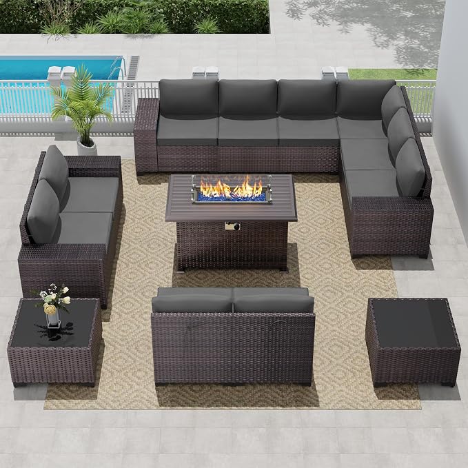 13 PCS Outdoor Patio Furniture Set,Outdoor Sectional Furniture with 43" 55000 BTU Gas Propane Fire Pit Table,All Weather PE Rattan Wicker Patio Conversation Set,Grey