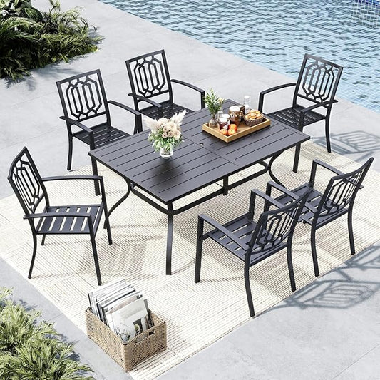 MFSTUDIO Patio Table and Chairs Set of 6, Outdoor Dining Set with Umbrella Hole, 7 Piece Metal Outdoor Patio Furniture Set for Deck, Backyard, Poolside & Garden