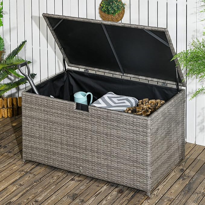 113 Gallon Deck Box, Rattan Outdoor Storage Box, Waterproof Storage Container for Indoor, Patio Furniture Cushions, Pool Toys, Tools, Gray