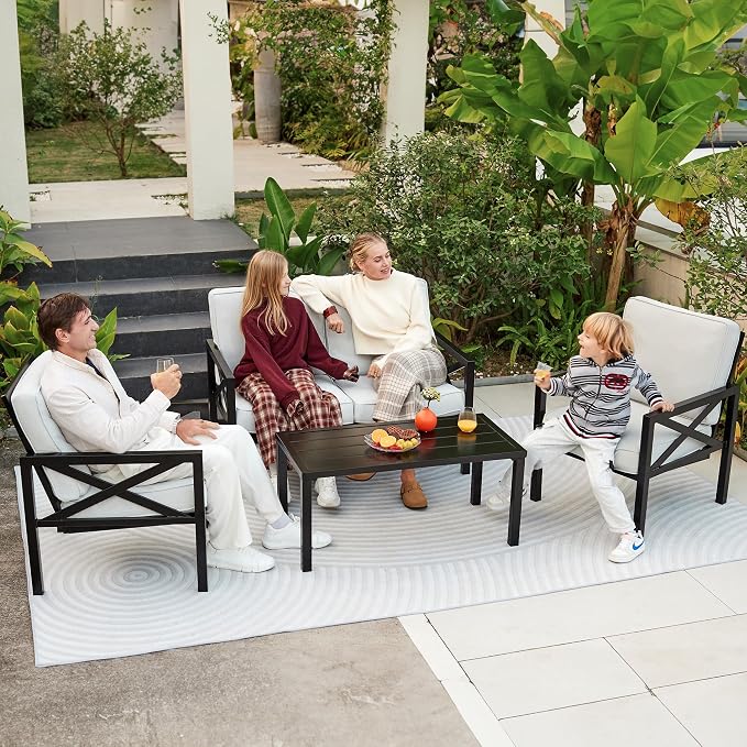 NATURAL EXPRESSIONS Outdoor Patio Furniture 4 Pieces Set, Modern Patio Conversation Sets, Outdoor Sectional Metal Sofa with 5.5 Inch Cushion and Coffee Table for Balcony, Garden