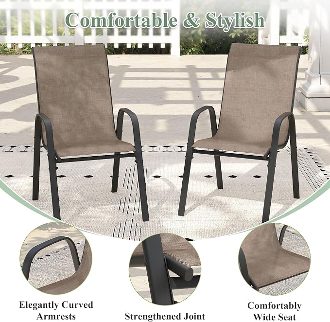 7 Pieces Outdoor Dining Set, 47.3" Spliced Patio Table with Umbrella Hole & Stackable Outdoor Dining Chairs, Patio Furniture Set for Deck Garden Porch, Brown Chairs & Walnut Table
