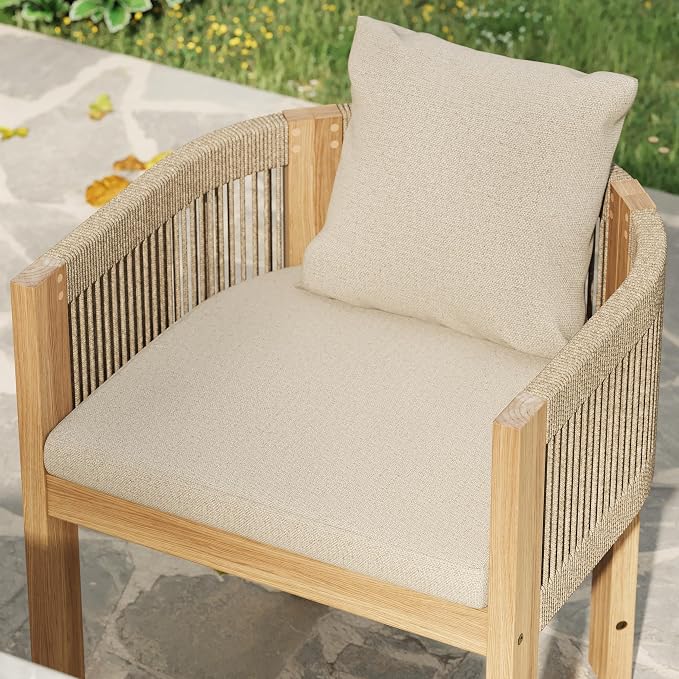homary 7-Pieces Outdoor Dining Set, White Cement Table with Teak & Rattan Dining Chairs, Weatherproof Cushions, Comfortable Patio Furniture Set for Garden & Patio