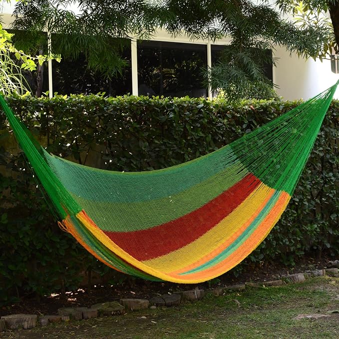 NOVICA Green Yellow Red Striped Hand Woven Cotton Mayan 2 Person XL Rope Hammock, 'Colima' (Double)