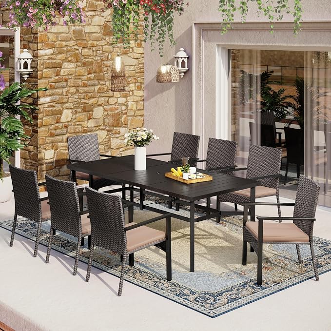 MFSTUDIO 9 Pieces Patio Dining Set for 8, Outdoor Rectangular Metal Table & Rattan Chairs, Patio Table Set for 8 and Chairs
