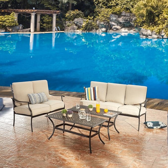 4 Pieces Patio Conversation Set 5 Seat Outdoor Furniture Sofa Chairs Patio Furniture Seating Sets with Cushion and Cofffee Table (Beige)